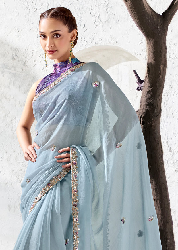 Slate Blue Designer Organza Silk Saree With Printed Blouse