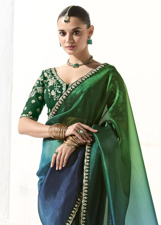Jungle Green Designer Organza Tissue Silk Saree