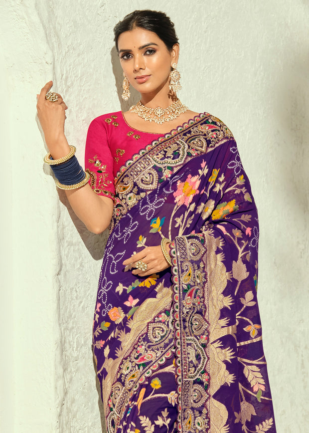 Purple Embroidered Georgette Bandhej Saree