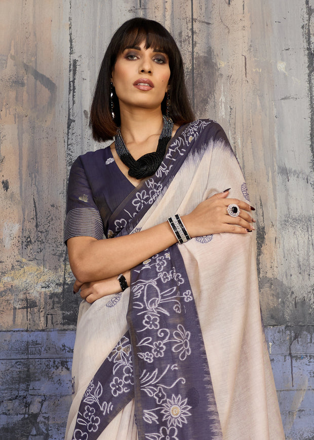 Midnight Blue Printed Cotton Silk Saree