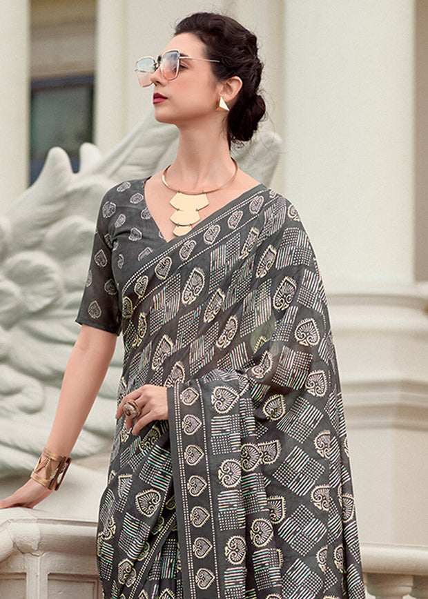 Steel Grey Printed Cotton Silk Saree