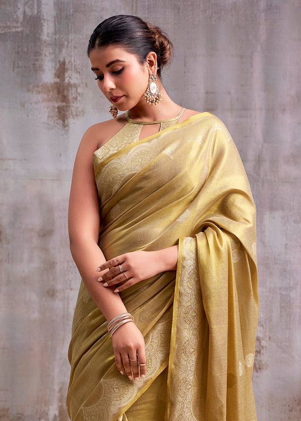 Golden Beige Woven Tissue Silk Saree