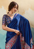 Nautical Blue Printed Satin Silk Saree