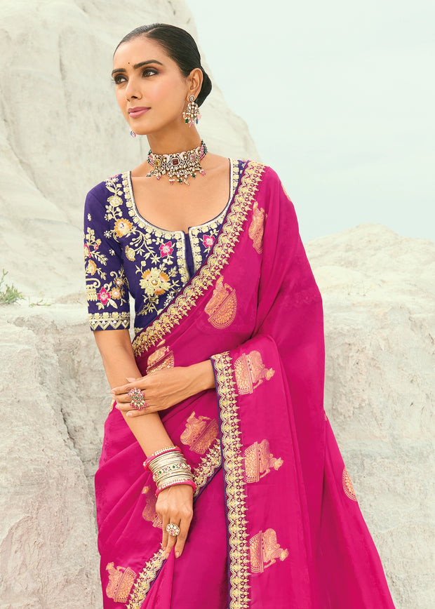 Rani Pink Woven Banarasi Embroidered Organza Satin Silk Saree
