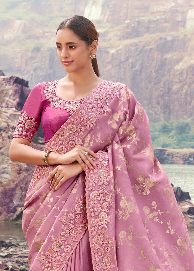 Blush Pink Woven Embroidered Tissue Silk Saree