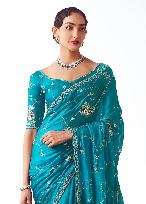 Horizon Blue Embroidered Designer Tissue Saree
