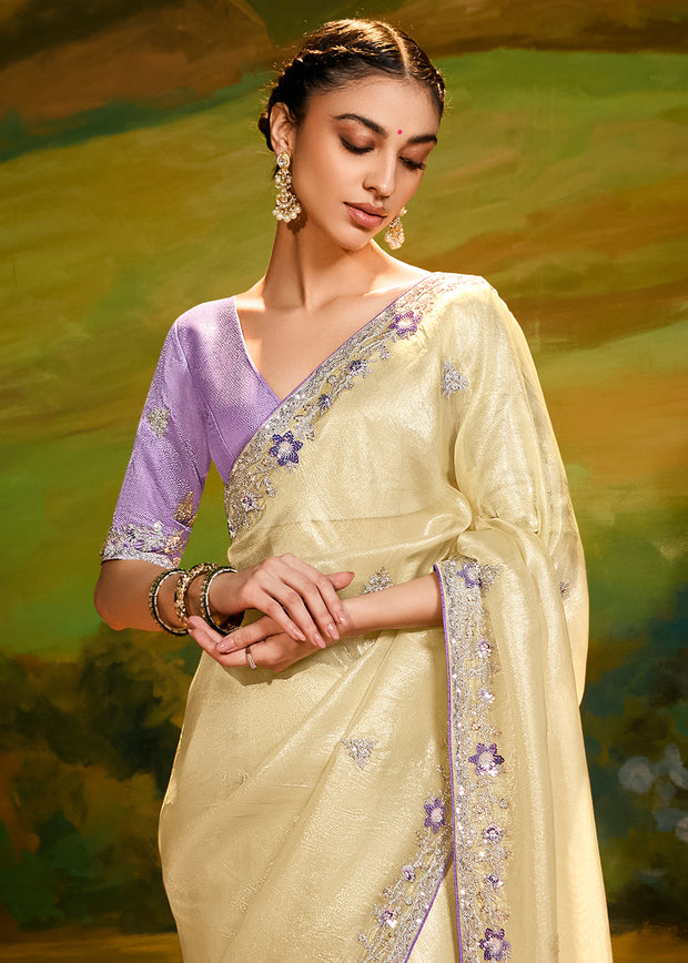 Cream Beige Heavy Embroidered Designer Silk Saree With contrast Blouse