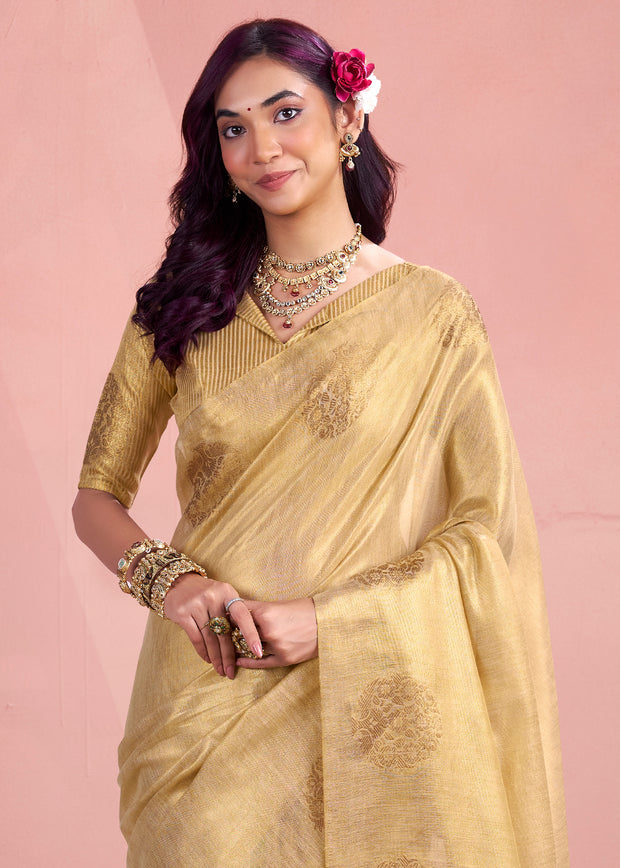 Cream Beige Woven Tissue Silk Saree