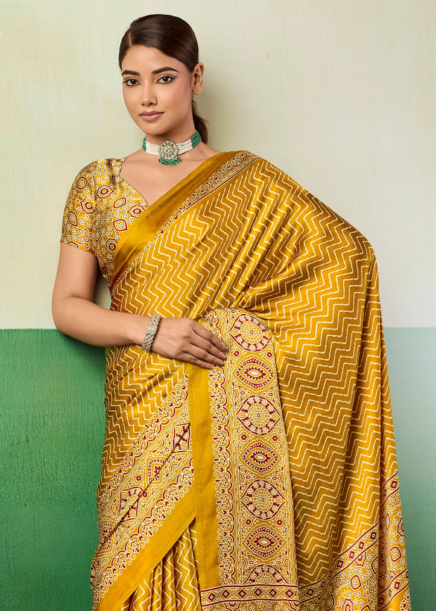 Golden Yellow Printed Satin Silk Saree