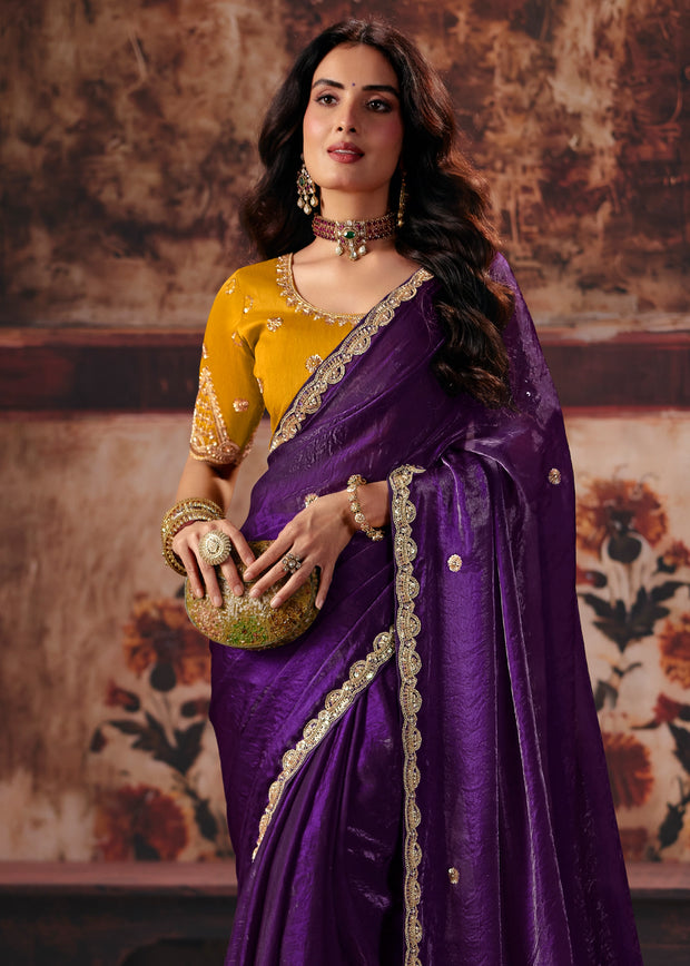 Deep Purple Designer Satin SIlk Saree With Embroidered Blouse