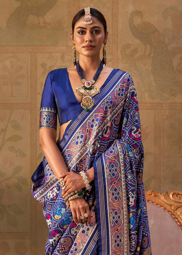 Victoria Blue Printed Patola Silk Saree
