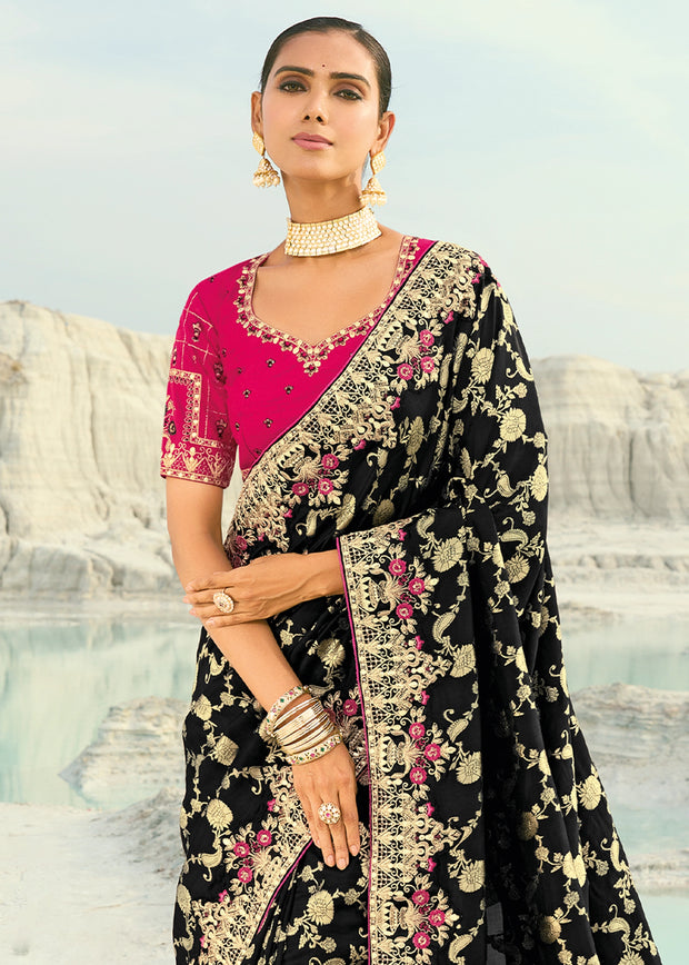 Black Woven Banarasi Embroidered Soft SIlk Saree