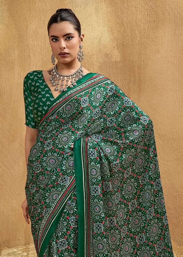 Bottle Green Printed Satin Silk Saree