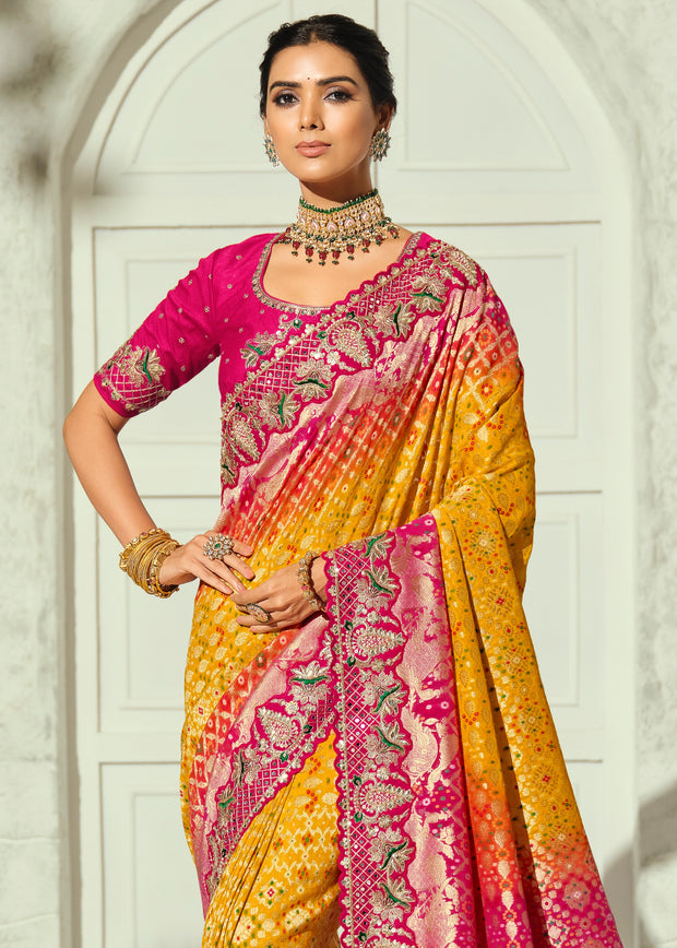 Yellow And Pink Embroidered Georgette Bandhej Saree