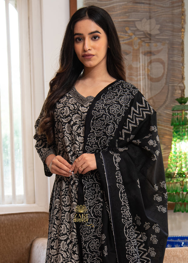 Black Floral Printed Suit Set (10702035157185)