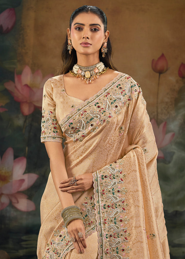 Almond Cream Embroidered Designer Saree