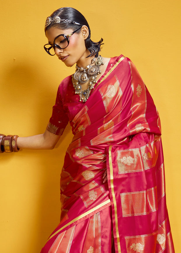 Rose Red Woven Banarasi Satin Silk Saree