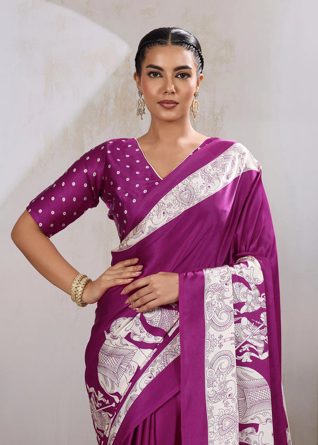 Dahlia Purple Printed Satin Silk Saree