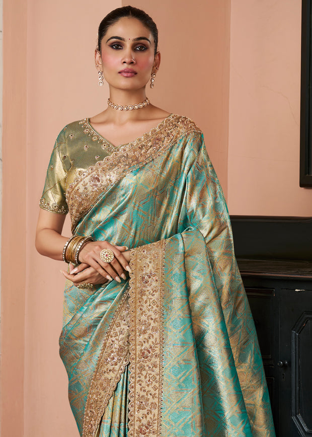 Turquoise Blue Bead Work Kanjivaram Soft Silk Saree