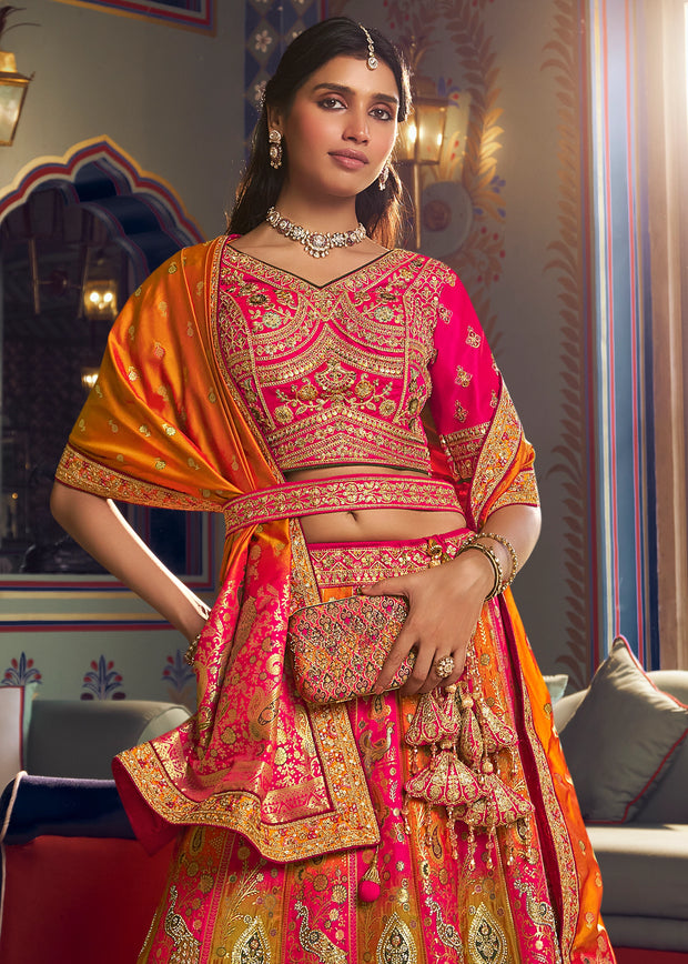 Orange And Pink Heavy Banarasi Designer Lehenga