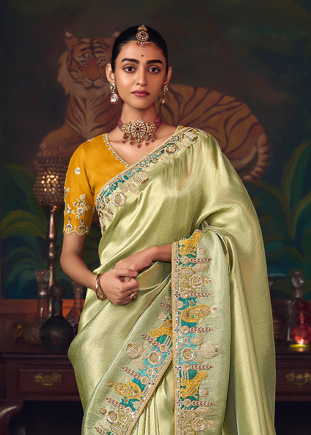 Pista Green Designer Embroidered Saree