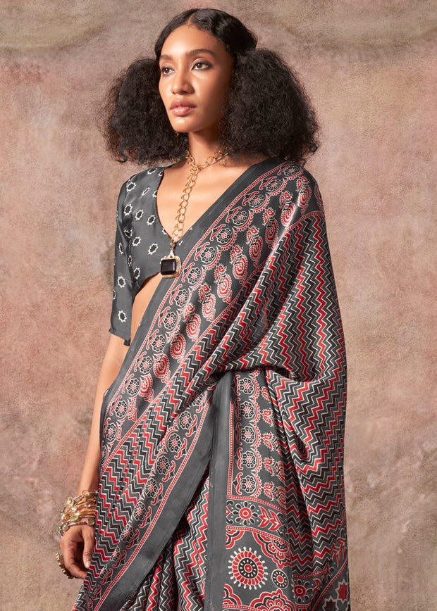 Metalic Grey Printed Crepe Satin Silk Saree
