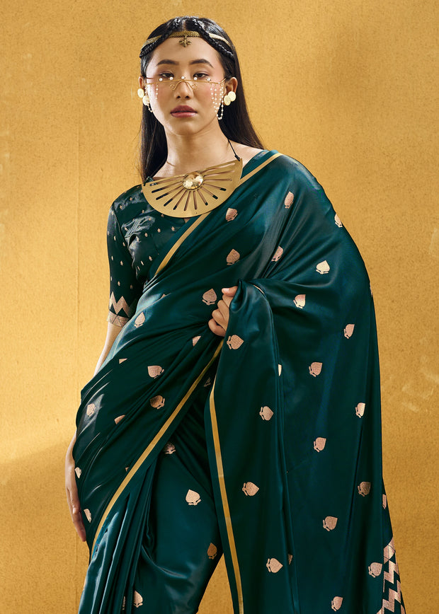 Bottle Green Woven Banarasi Satin Silk Saree