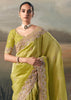 Lime Green Tissue Embroidered Wedding Wear Saree