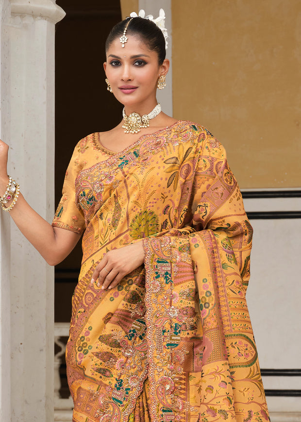 Daffodil Yellow Designer Embroidered Silk Saree