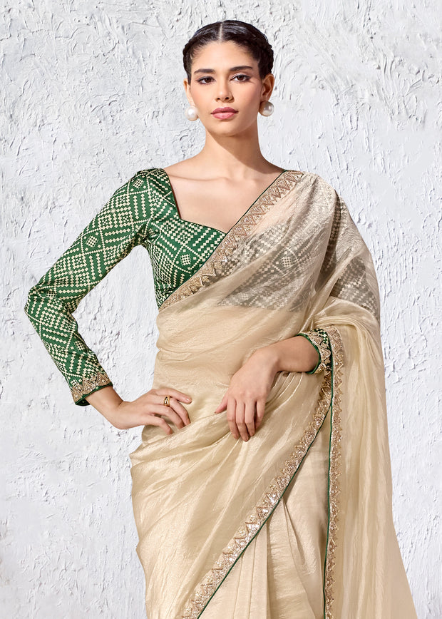 Ivory Designer Organza Silk Saree With Printed Blouse