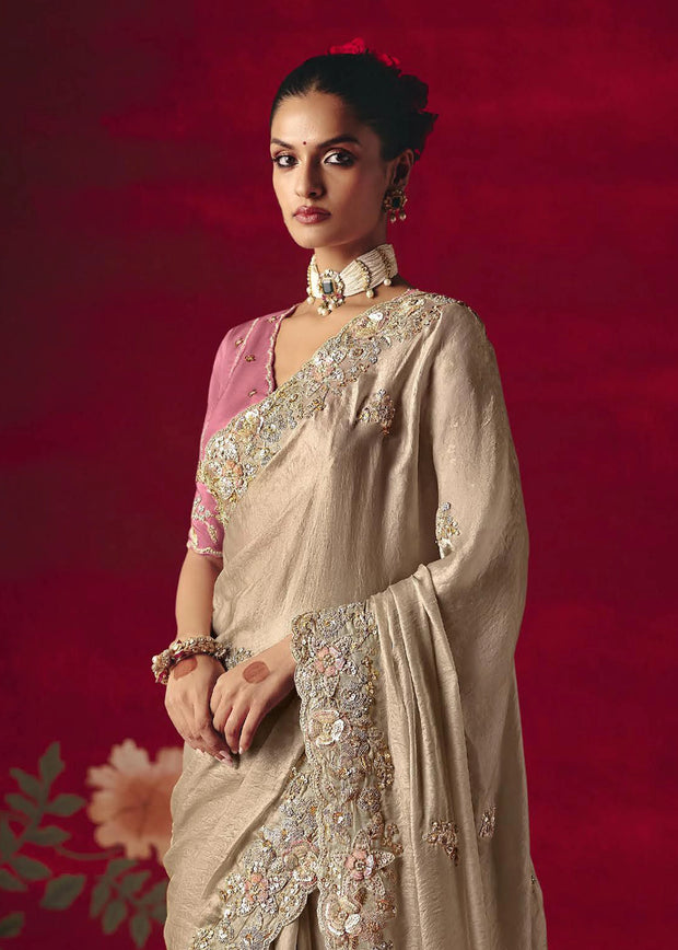 Powder Grey Designer Embroidered Saree