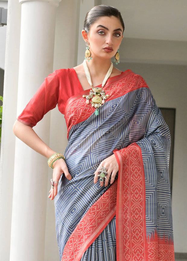 Slate Grey & Red Printed Tussar SIlk Saree