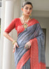 Slate Grey & Red Printed Tussar SIlk Saree