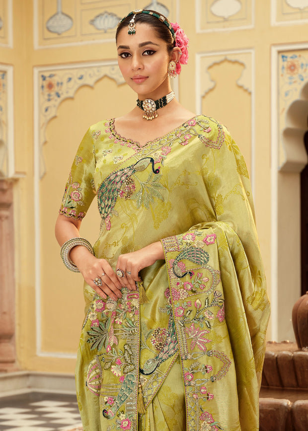 Green Designer Embroidered Silk Saree
