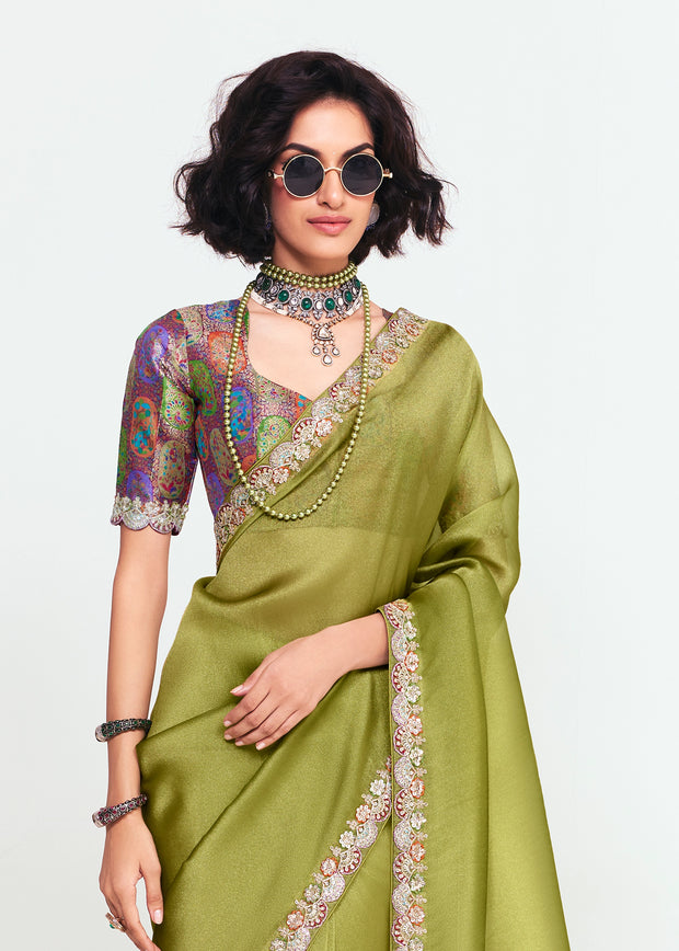 Kiwi Green Designer Embroidered Tissue Saree