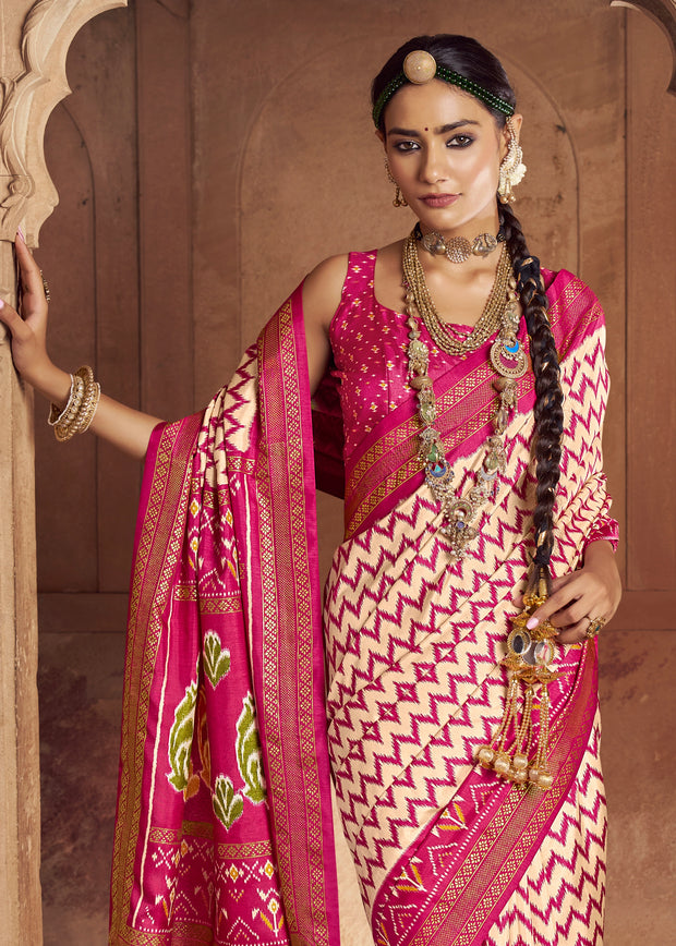 Magenta Pink Printed Patola Silk Saree