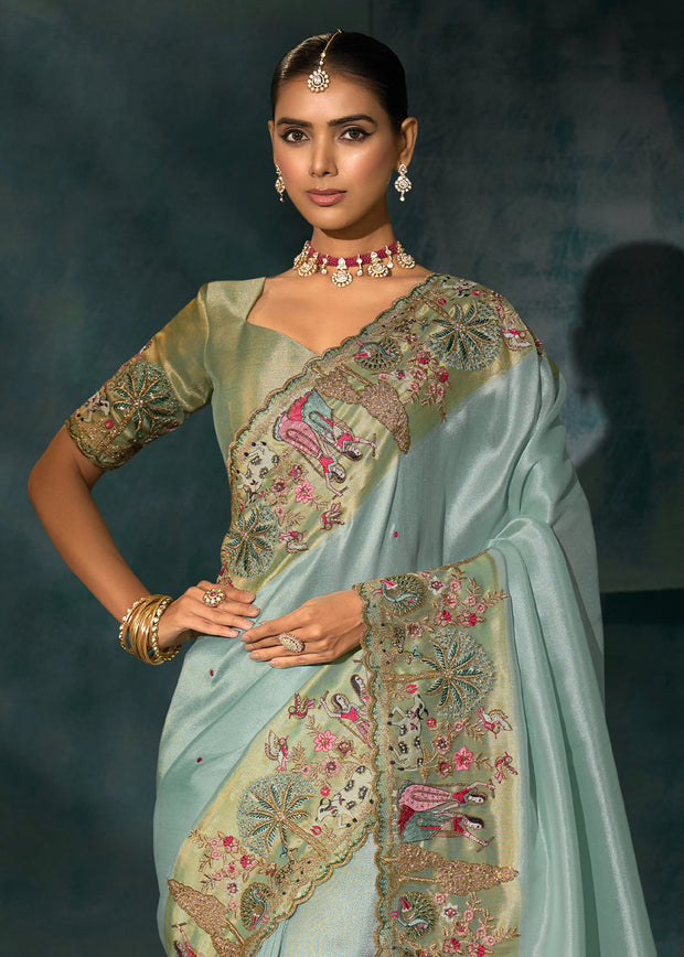 Angel Blue Embroidered Designer Tissue Saree