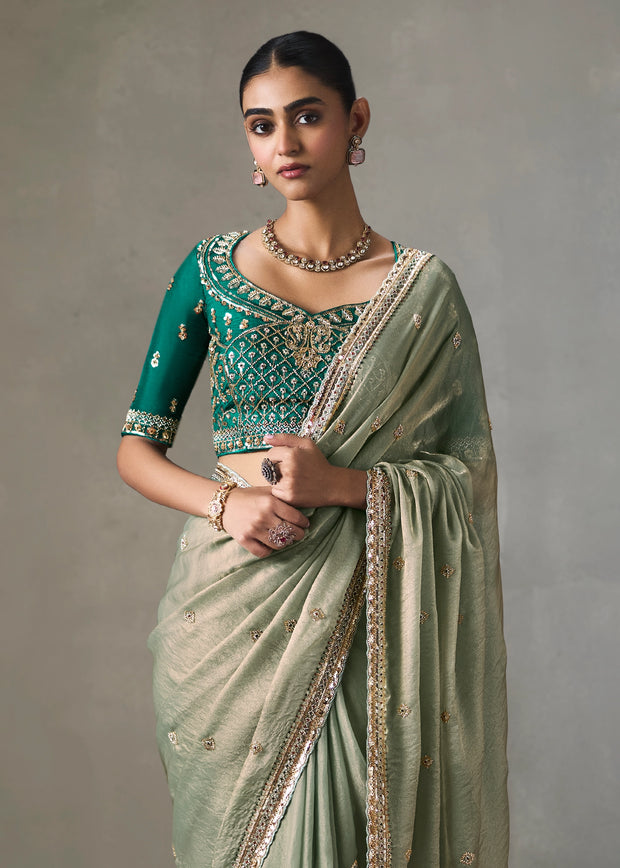 Sage Green Embroidered Silk Saree With Heavy Blouse