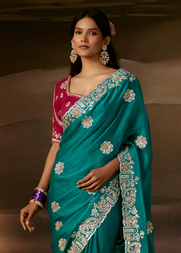 Teal Green Embroidered Designer Organza Saree
