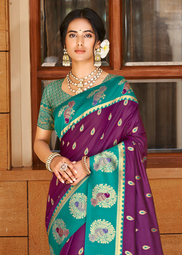 Purple & Green Woven Banarasi SIlk Saree