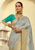 Sterling Grey Woven Banarasi Designer Silk Saree With Contrast Blouse