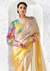 Off White And Yellow Designer Organza Silk Saree With Printed Blouse