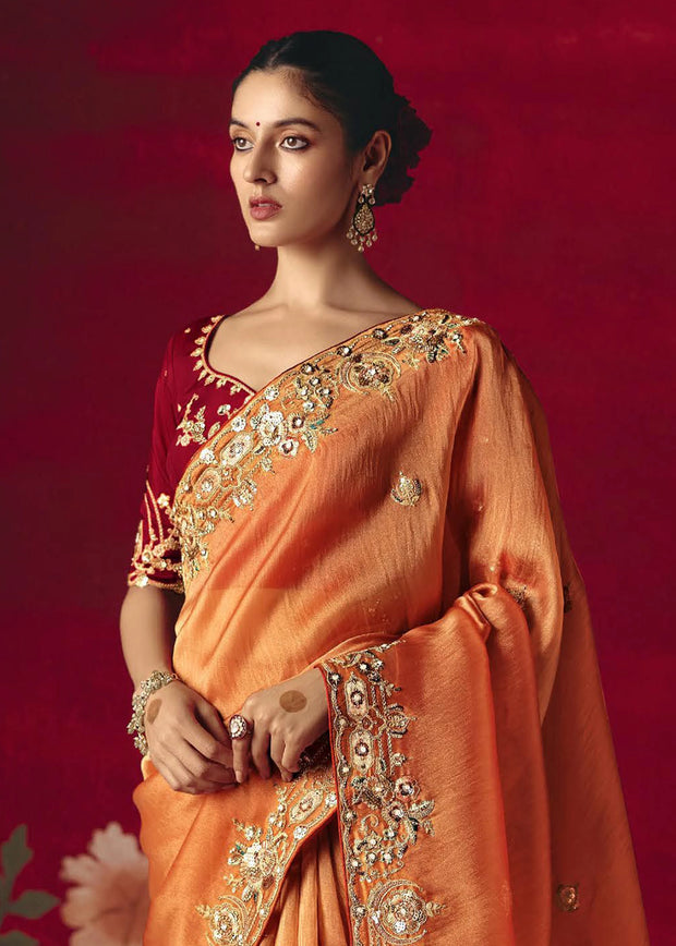 Sunrise Orange Designer Embroidered Saree