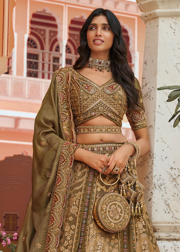 Olive Green Banarasi Silk Embroidered Lehenga