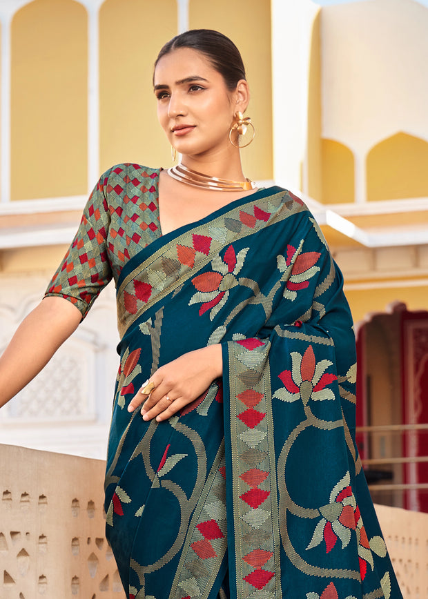 Coral Blue Floral Printed Soft Silk Saree