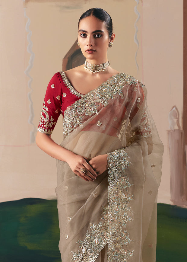 Beige Embroidered Designer Saree