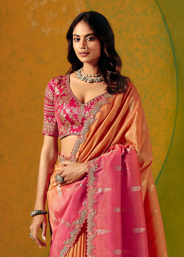 Saffron Pink Designer Embroidered Saree