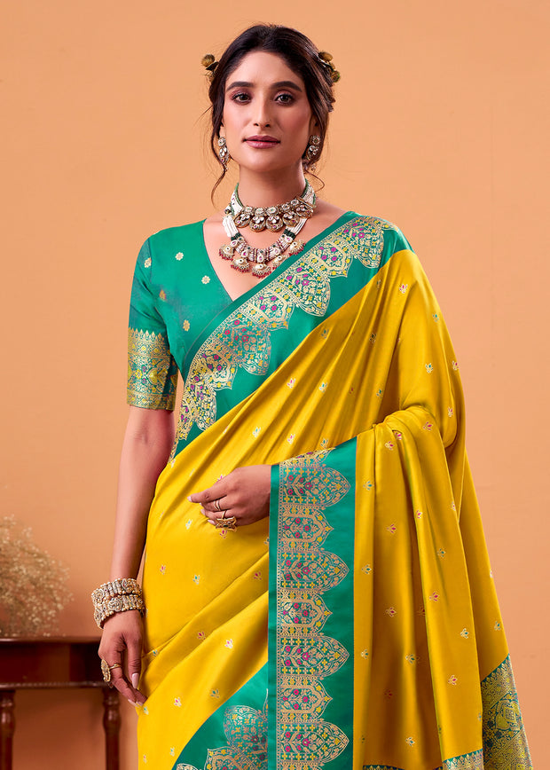 Vibrant Yellow Banarasi Satin Silk Saree
