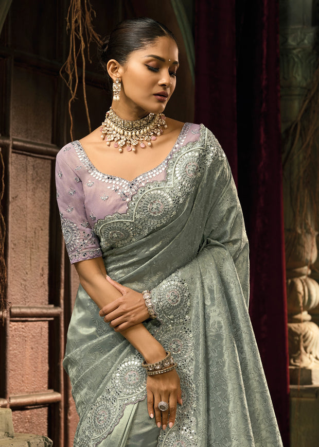 Cloud Grey Embroidered Designer Tissue Saree