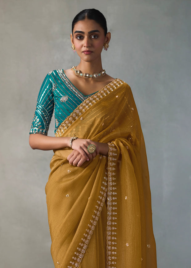 Mustard Yellow Embroidered Silk Saree With Heavy Blouese